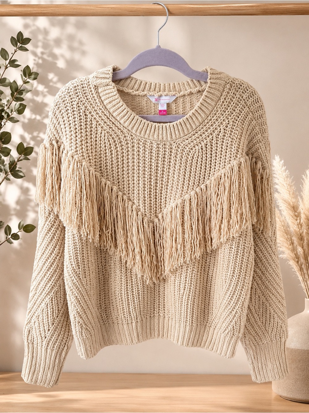 Fringed Chunky Knit Sweater - Cream